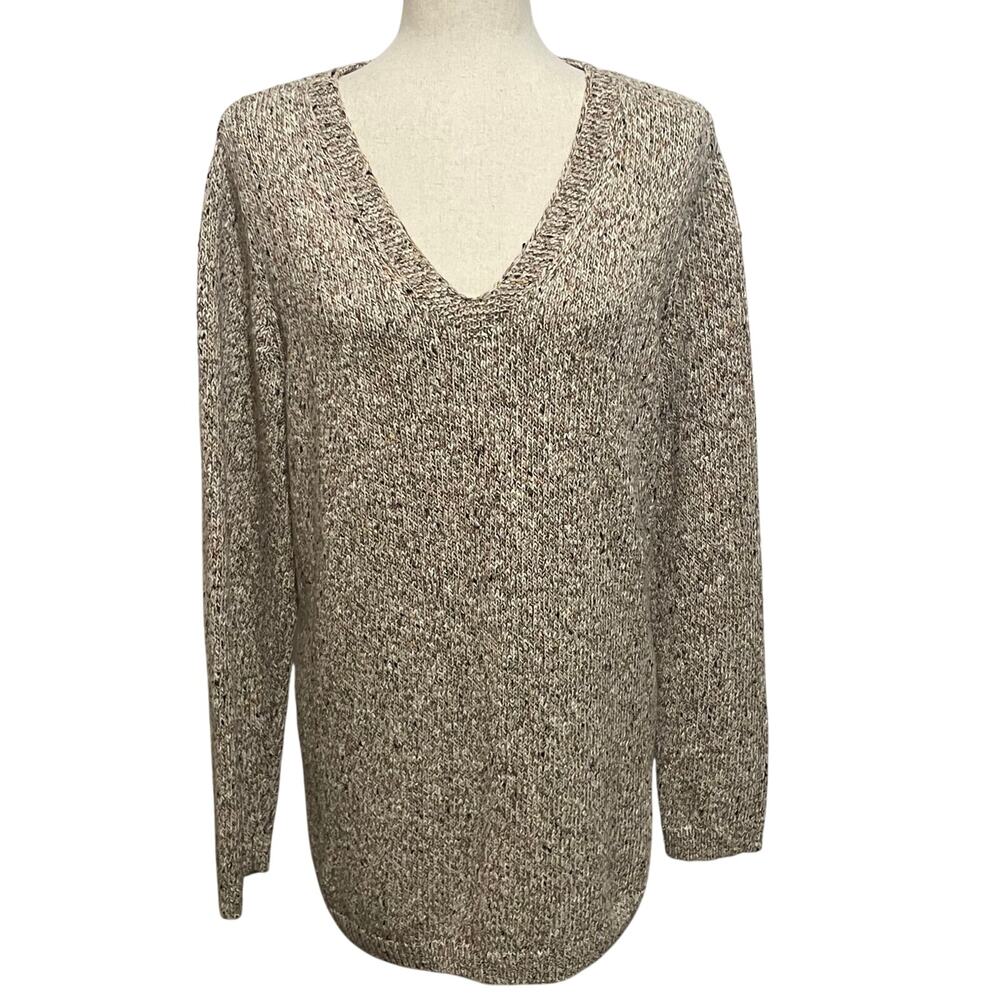 J. Jill Women’s Marled Slub Knit Tunic Sweater V-Neck Long Sleeve Size L Tan